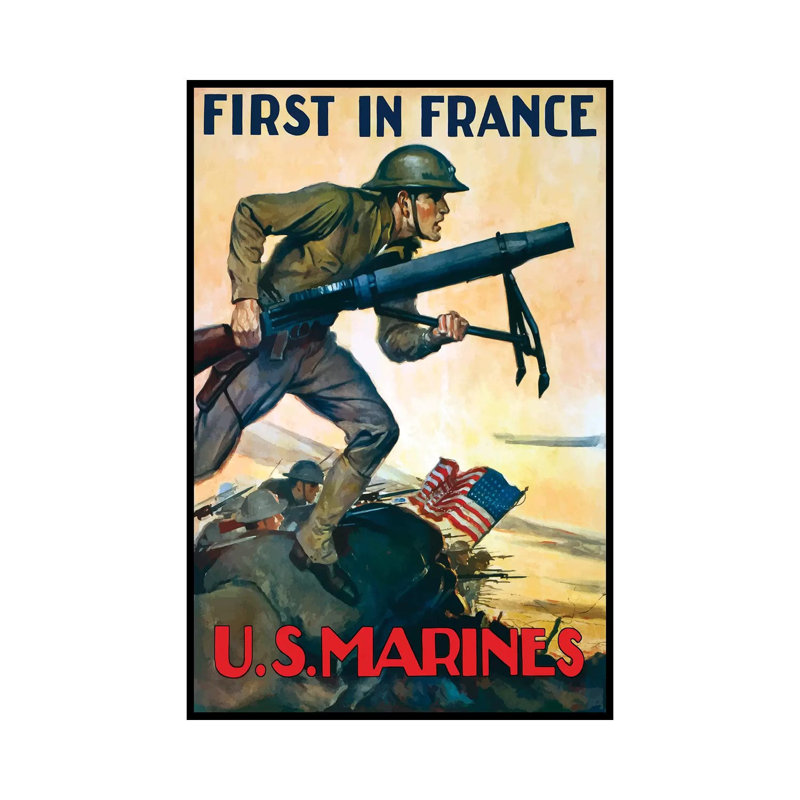 WWI Poster Of Marines Charging Into Battle Behind The American Flag by Stocktrek Images - Wrapped Canvas Gallery-Wrapped Canvas Giclée