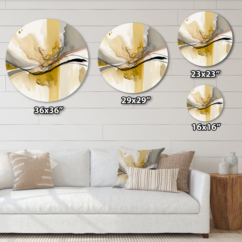 «Touched By Mustard» jaune et ultime gris IV - Art abstrait rond en métal, H 16 po x l 16 po x P 1 po
