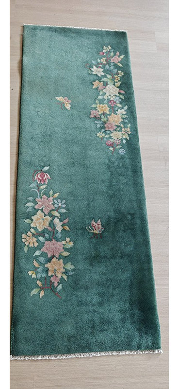 Small Size Wool Pile Green Color Antique Floral Chinese Deco Throw Rug