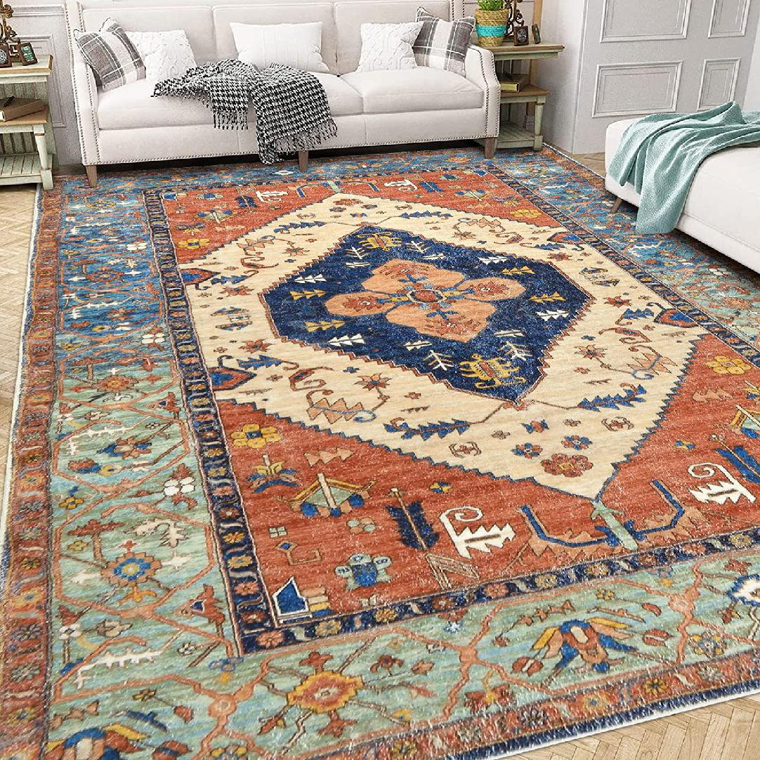 Oriental Machine Woven Rectangle 6' x 9' Synthetic Area Rug in Blue/Brown/Ivory Bungalow Rose