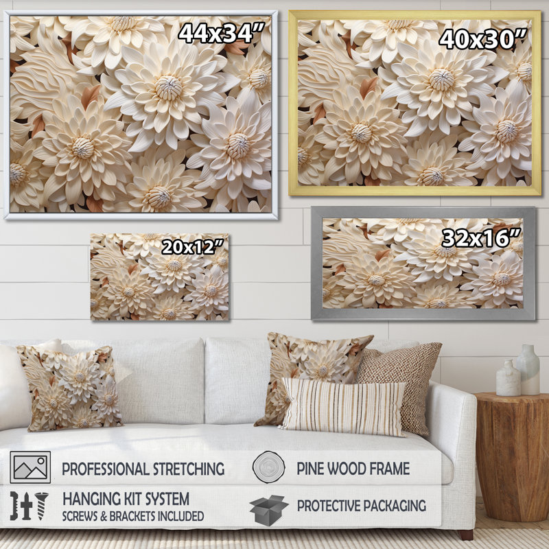 «Minimalisme Chrysanthemums White Floral Collage I», reproduction sur toile, Cadre simple noir, H 24 po x l 32 po x P 1 po