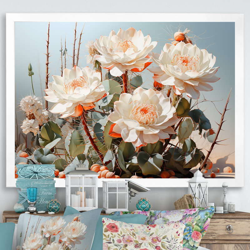 Cactus perle sur une impression sur toile, 34" H x 44" W, White Picture Framed
