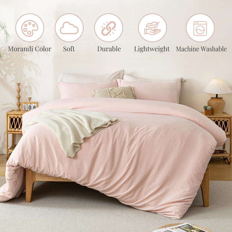 Super Soft Duvet Cover - 100% Washed Microfiber Pink Comforter Cover Set 3 Pieces With Zipper Closure & Corner Ties (No Comforter)