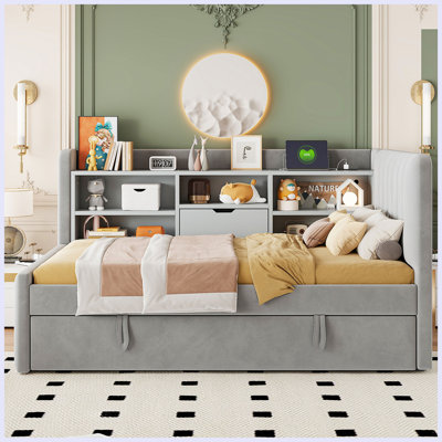 Modern Upholstered Daybed with Trundle, Storage Shelves, USB & Outlet by Latitude Run