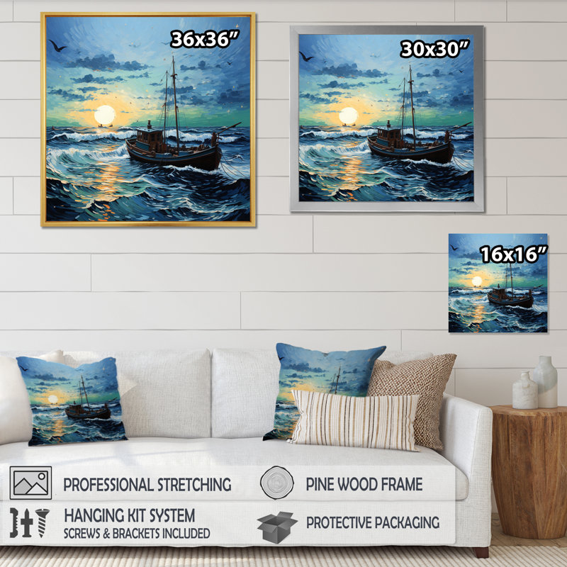 Vangogh paysage marin avec pêche II, Cadre simple blanc, H 24 po x l 24 po x P 1 po