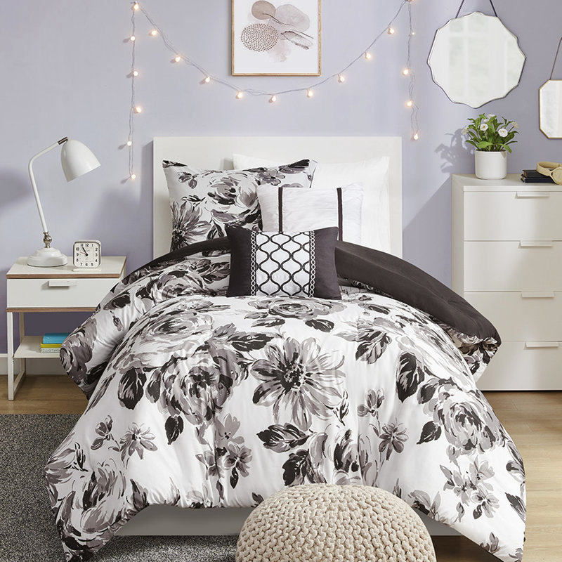 Édredon ultra doux à motif floral pour lit simple / simple TG, coussins lavables à la machine à motif floral noir et blanc