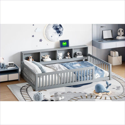 Structure de lit moderne simple TG avec armoires de rangement intégrées et ports de charge USB intégrés, fabrication en bois massif, gris froid