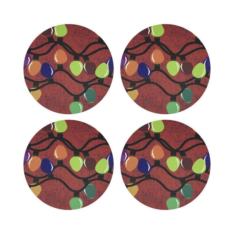 Xmas Tangle Black Vegan Leather Round Coasters, Red