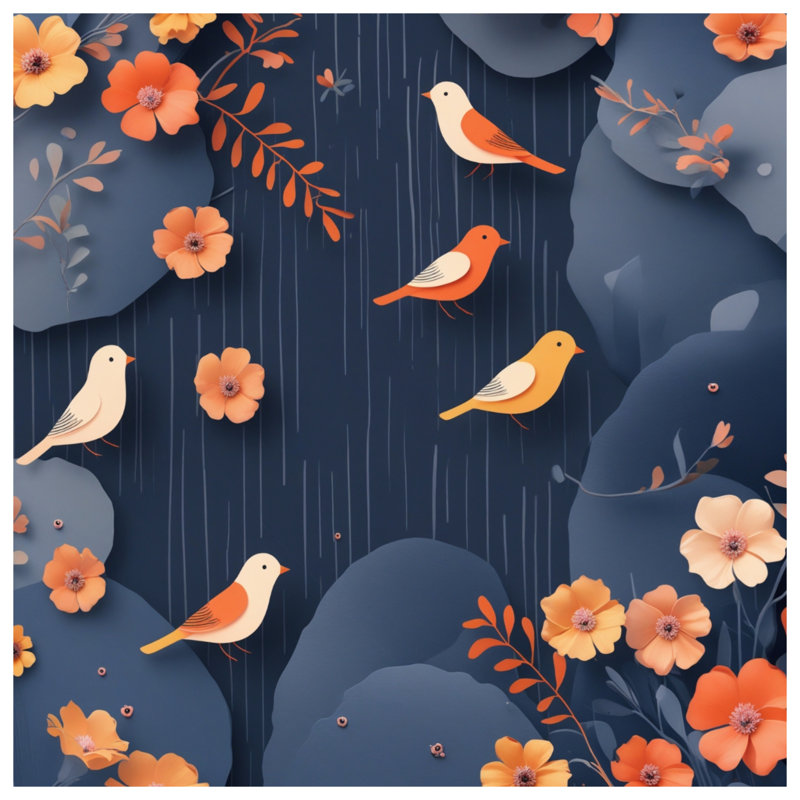 Édredon oiseaux et fleurs orange, Grand lit