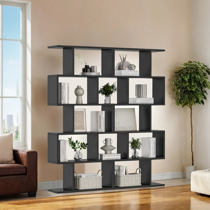5-tier Geometric Bookcase, S-shaped Modern Bookshelf Set Of 2, 62.6" Tall Room Divider Book Shelf, Decorative Display Shelf
