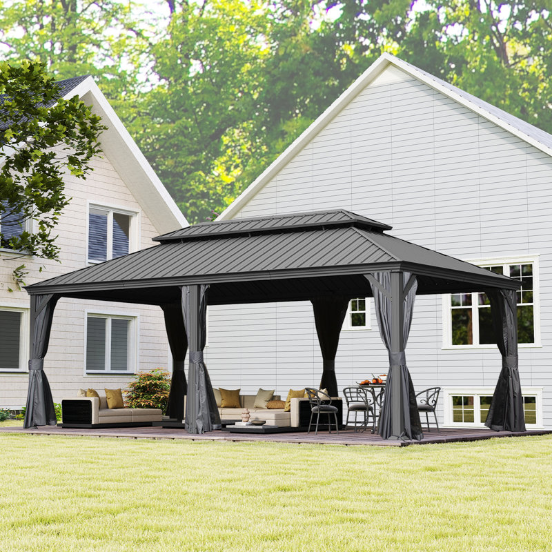 24 Ft. W x 14 Ft. D Galvanized Steel Patio Gazebo with Double Roof, Matte Black, Gray