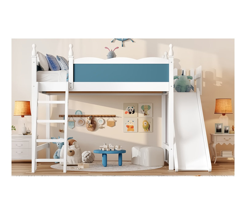 Lit mezzanine double avec glissade, tablettes de rangement et garde-robe - Lit superposé pour enfants en bois massif bleu et blanc