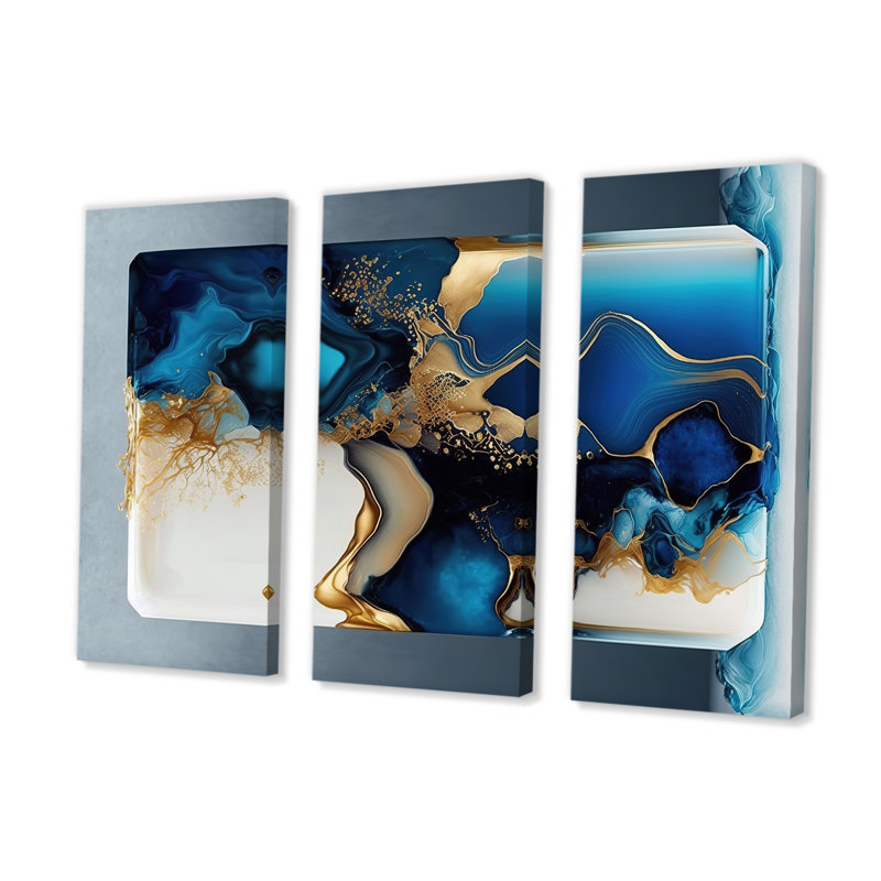 Géode abstraite, or et marbre bleu III, reproduction sur toile 3 pièces, H 28 po x l 36 po x P 1 po, Toile tendue