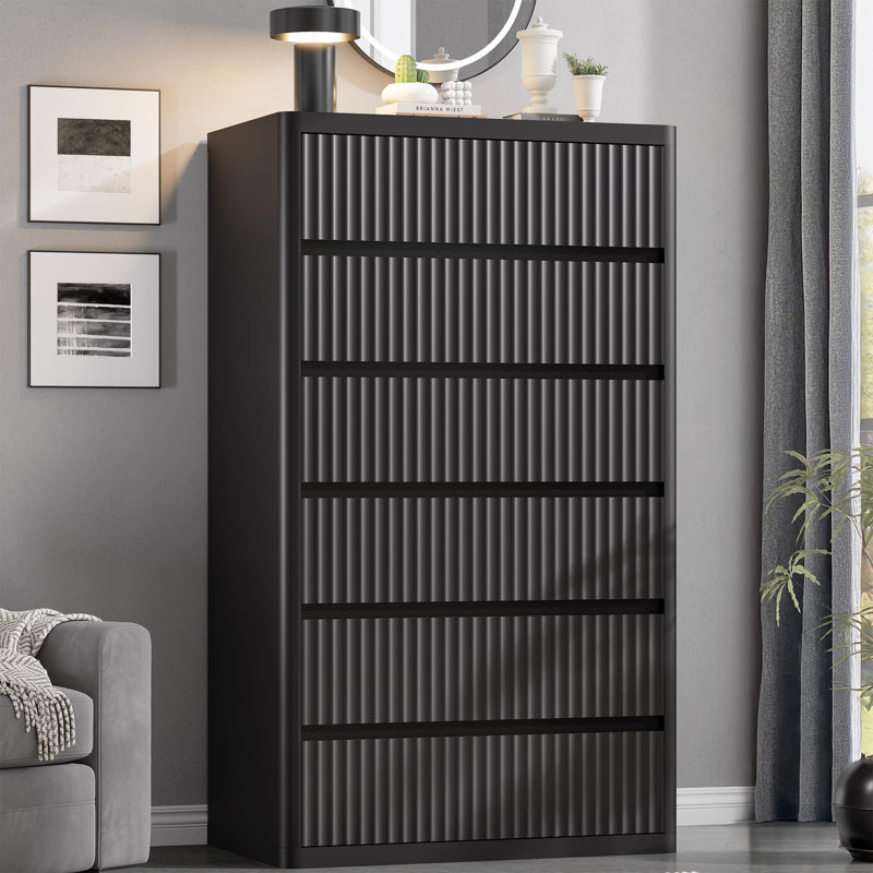 56" Modern Curved Chest with Drawers, Fluted 6-Drawer Dresser, Black