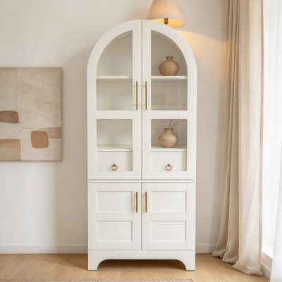 Armoire de cuisine cintrée de 195 cm de haut avec portes et étagères, tiroirs dissimulés et portes vitrées, avec étagère à épices latérale intérieure, idéale pour la cuisine, blanche