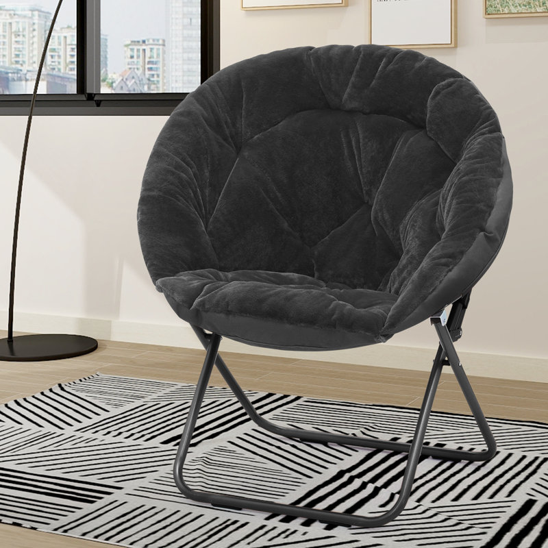 Round Folding Saucer Chair, Upholstered Accent Chair Lounge Moon Chair For Dorm Living Room Bedroom, Black Faux Fur