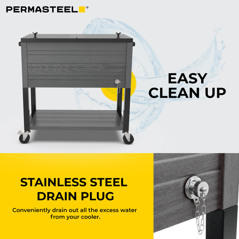 Permasteel 80-Qt Outdoor Rolling Patio Cooler on Wheels Woodgrain Style, Gray