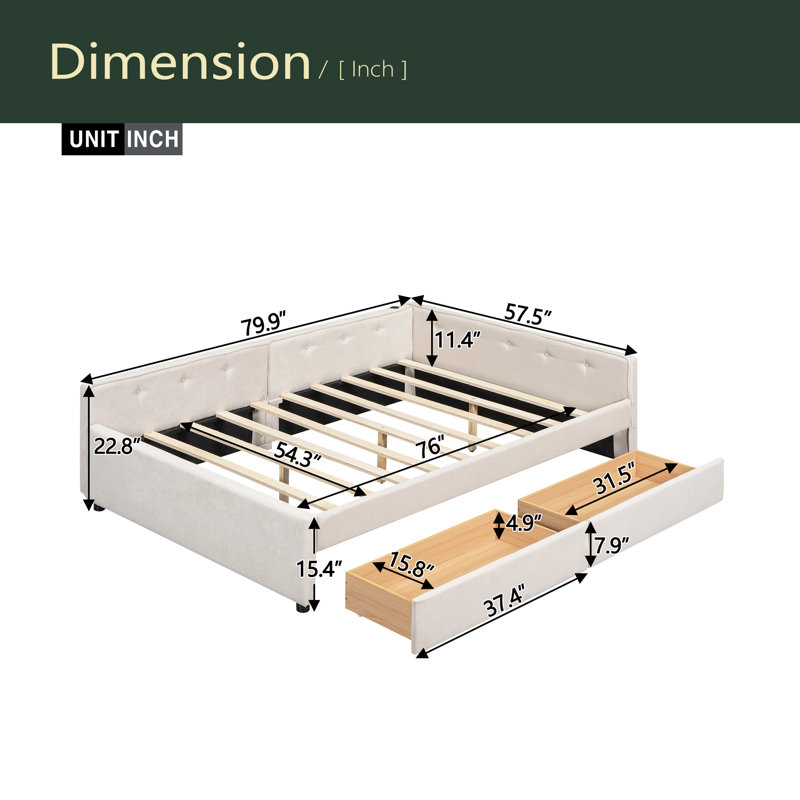 Lit plateforme tapissier avec port USB et 2 tiroirs, Complet/Double