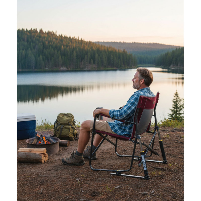 Outdoor Freestyle Rocker Camping Chair, Portable Folding Rocking Chair With Sturdy Armrests, Drink Holder & Comfortable Backrest, Cinnamon