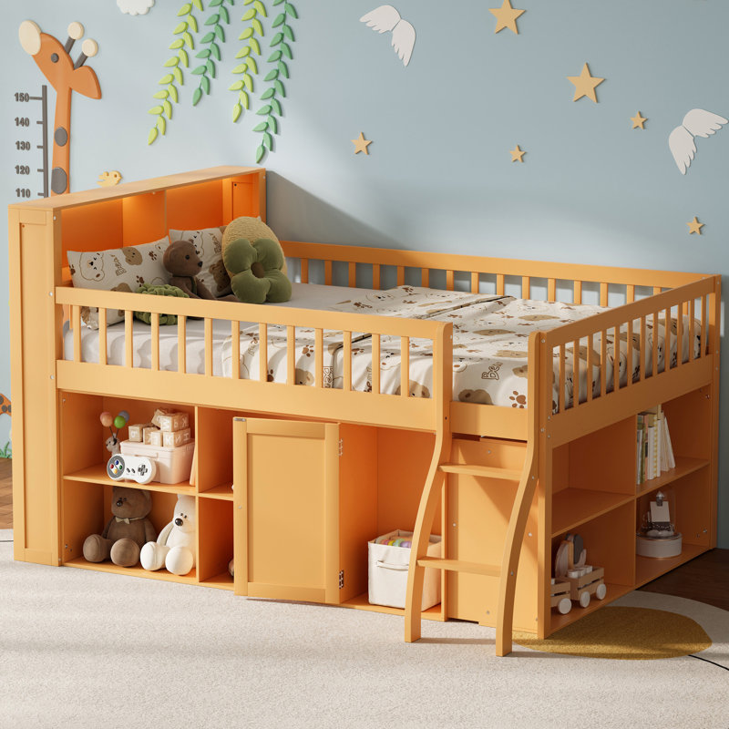 Lit mezzanine double avec rangement, tête de lit avec lumière DEL, naturel, Naturel, Lit double