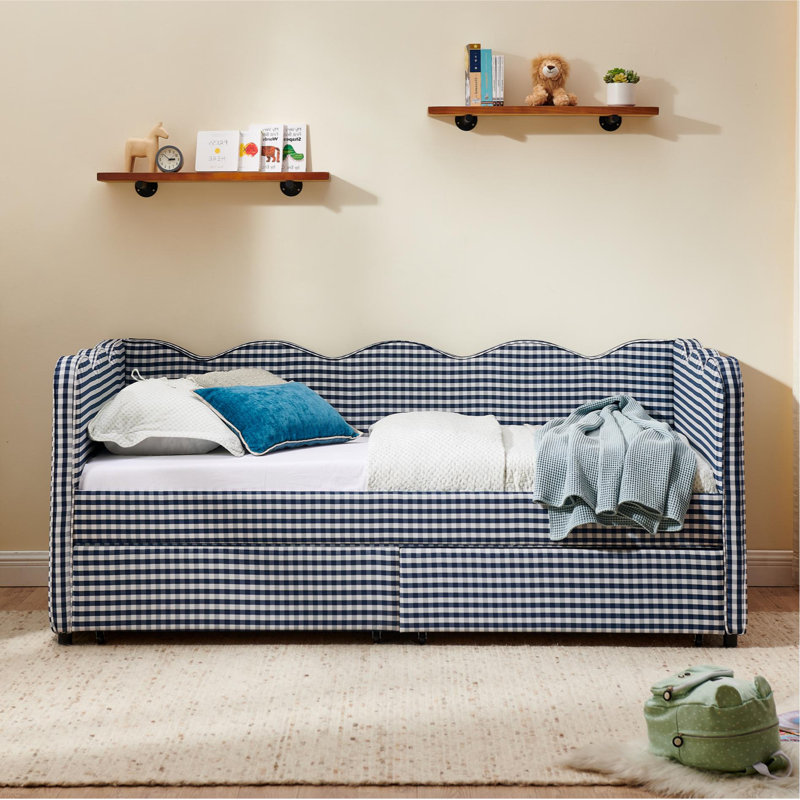 Lit de jour simple en vichy douillet avec deux tiroirs de rangement, avec port USB et adorable tissu en forme de vague
