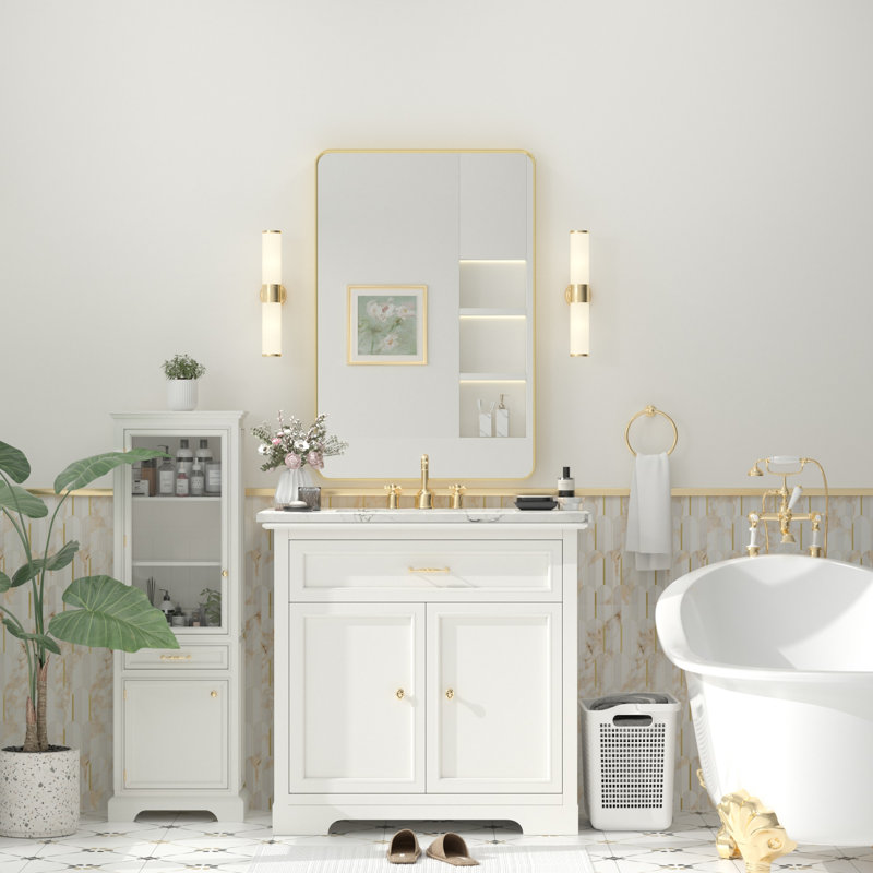 Molly Tempered Glass and Metal Framed French Cleat Mounted Wall Bathroom / Vanity Mirror, 36" x 24", Gold