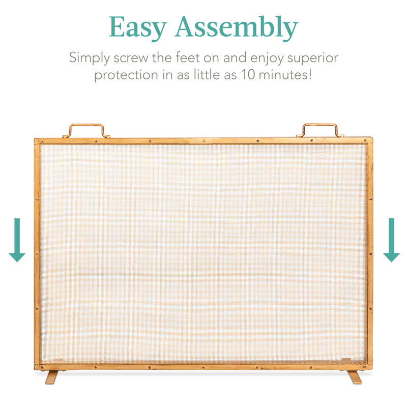 Cassiano 38x27in Single Panel Fireplace Screen Handcrafted Steel Mesh Spark Guard w/ Handles, Gold