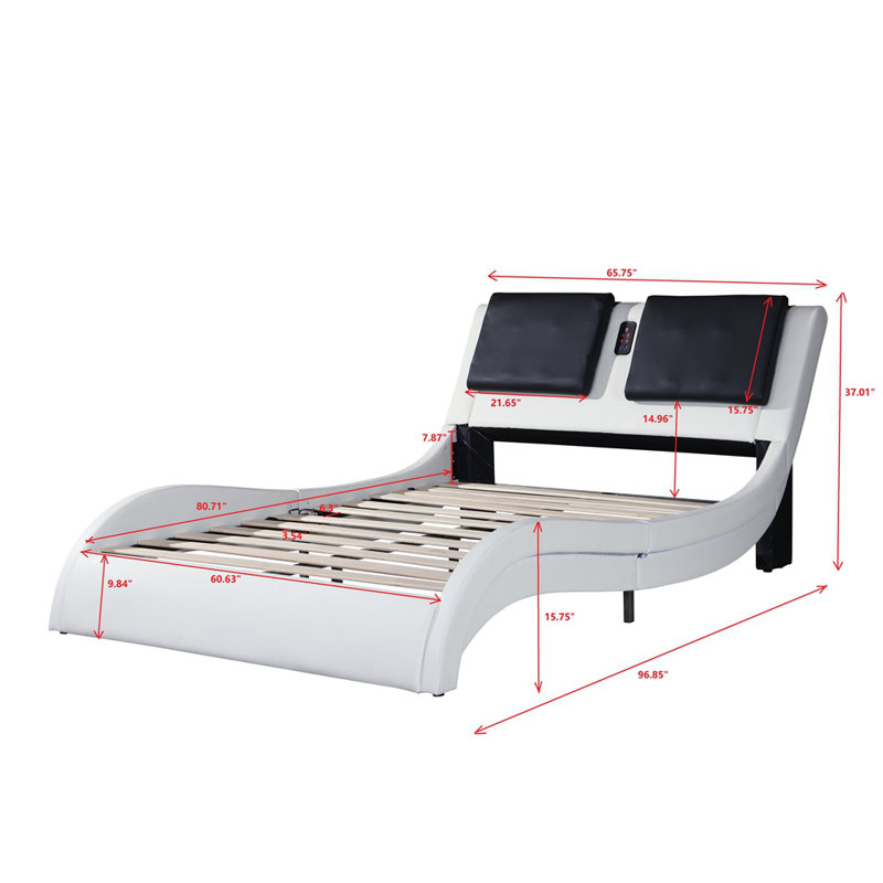 Structure de lit tapissier en similicuir avec éclairage à DEL, connexion Bluetooth pour contrôler la musique, massage par vibration du dossier, conception en courbe, support à lattes de bois, aucun sommier nécessaire