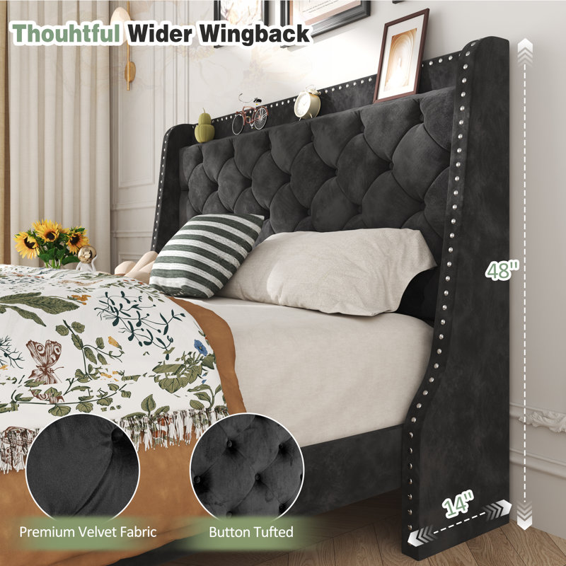 Lit plateforme tapissier en velours