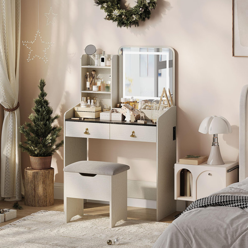 Ensemble de coiffeuse avec miroir lumineux à DEL et station de charge, petit bureau de maquillage avec tiroirs, tabouret et luminosité réglable pour la chambre à coucher