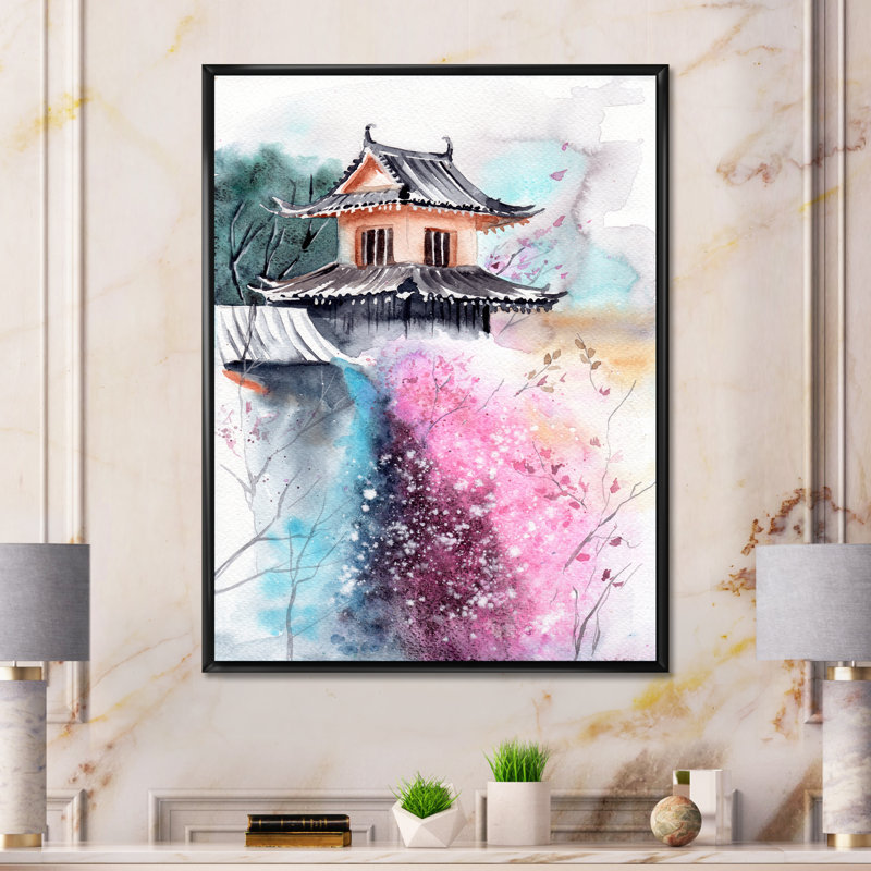 Fleurs de cerisier avec temple japonais - peinture sur toile, H 44 po x l 34 po x P 1,5 po, Cadre flottant noir