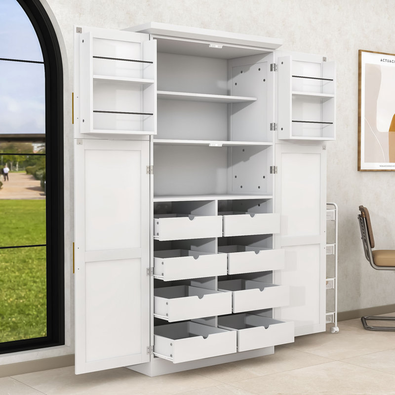 Grand garde-manger autoportant avec plateaux coulissants, tablette réglable et dispositif anti-basculement, Blanc, Doré