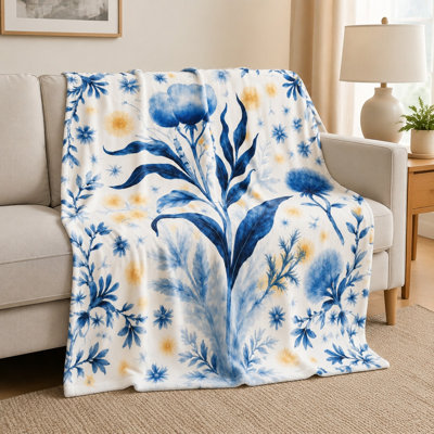 Plaid en flanelle à motif floral et botanique, imprimé bleu et jaune, ultra doux, léger, respirant, toutes saisons, agréable au toucher, lavable à la machine, décoratif, pour canapé, fauteuil, salon et chambre