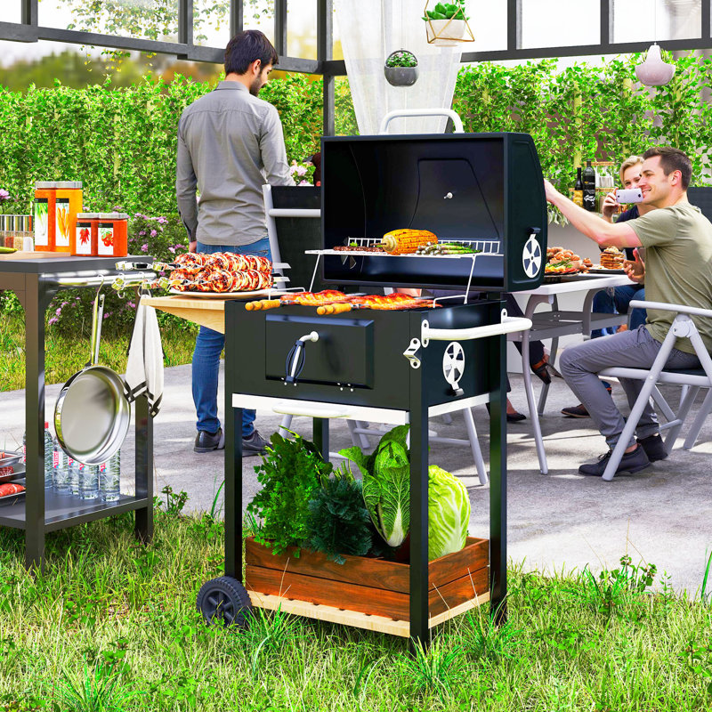 Barbecue au charbon, cuiseur portatif extérieur pour le pique-nique du camping ou de la cour arrière, barbecue avec table d'appoint, tablette de rangement inférieure, roues et poignée, noir