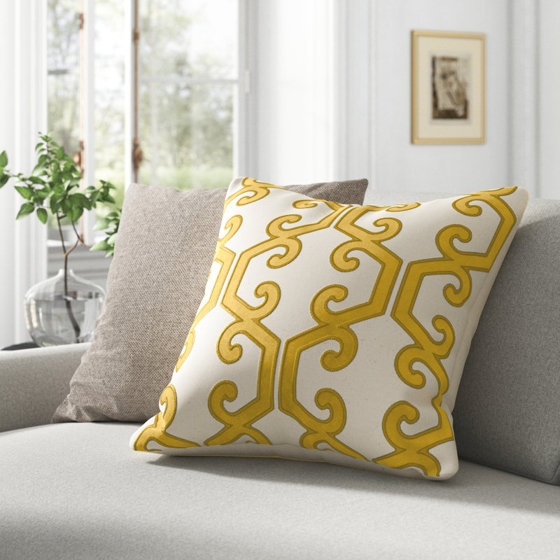  Applique Cotton Geometric Throw Pillow, Yellow