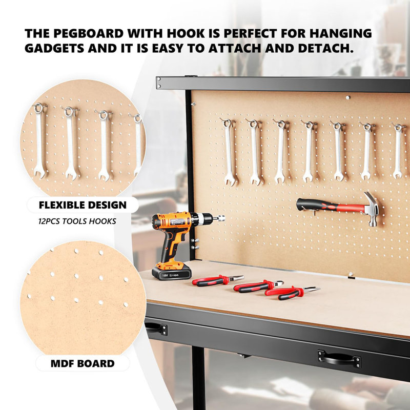 Tools Cabinet, Working Table, Workbench Tool With Drawers And Pegboard