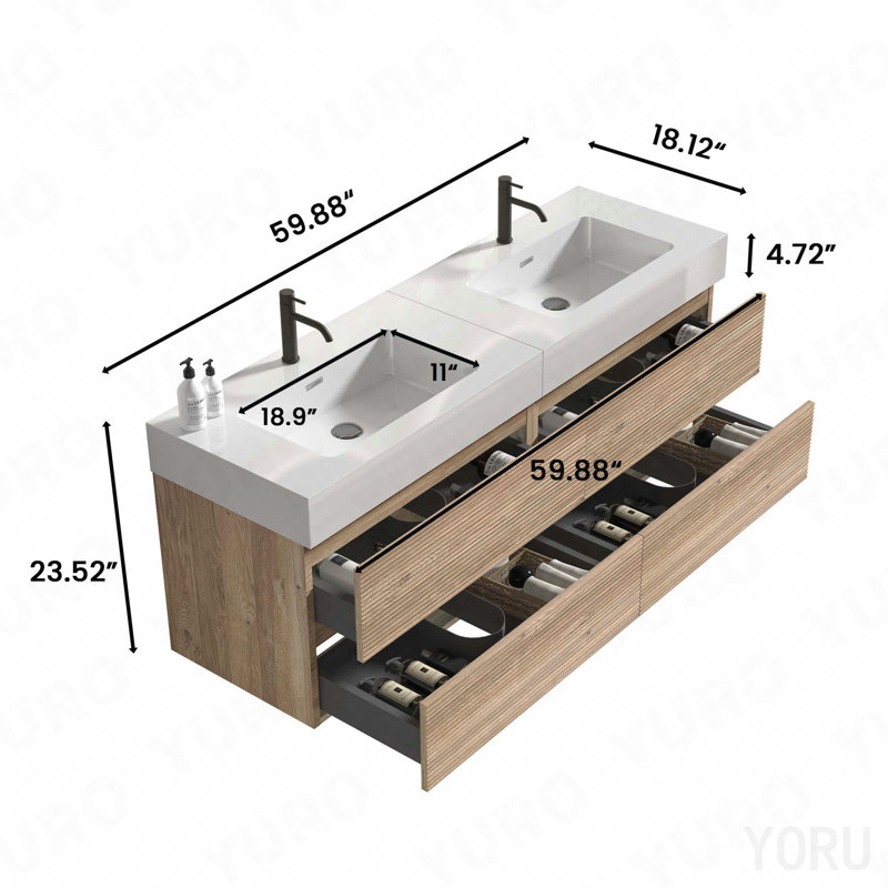Meuble-lavabo de 60 po (30 po * 2) avec lavabo en quartz blanc et tiroirs en chêne brut, meuble-lavabo mural flottant, lavabo une pièce sans drain ni robinet