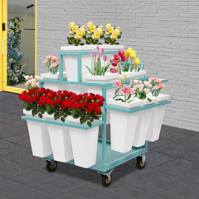 Teman 4-Tier Rolling Flower Display Plant Rack Stand with 18Pcs Buckets & Foldable Small Tabletop