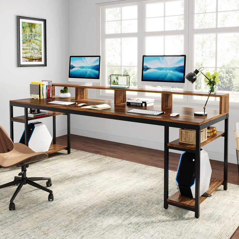 78.74" W Double Computer Desk With Monitor Stand, Two Person Desk With 4 Open Shelf, Brown/Black