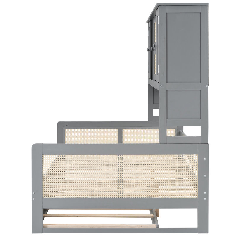 Lit de jour gris avec lit gigogne simple, tablette d'armoire, construction solide en bois pleine grandeur et tablette, construction élégante