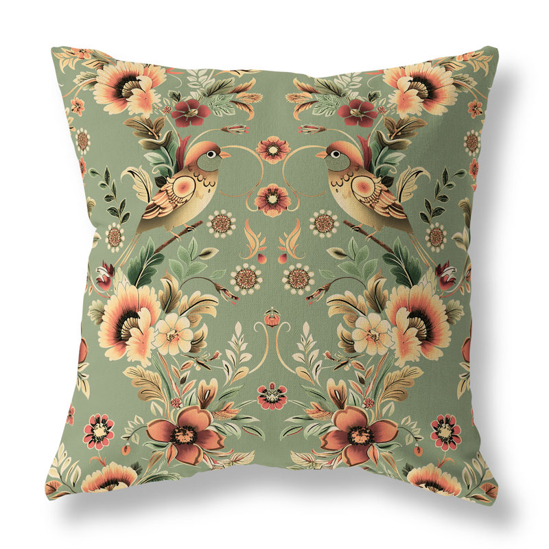Coussin décoratif intérieur / extérieur Folk Garden Whispers, H 18 po x l 18 po, Vert / Orange