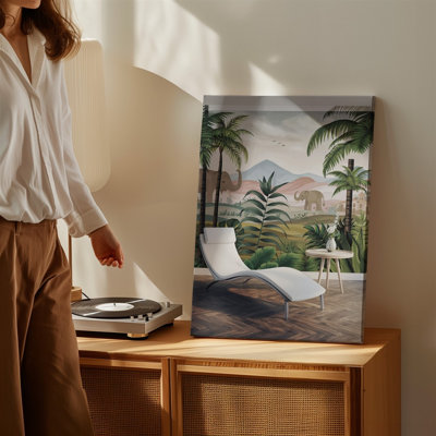 Toile Une scène intérieure sereine avec une chaise longue blanche élégante et une table minimaliste avec un vase décoratif