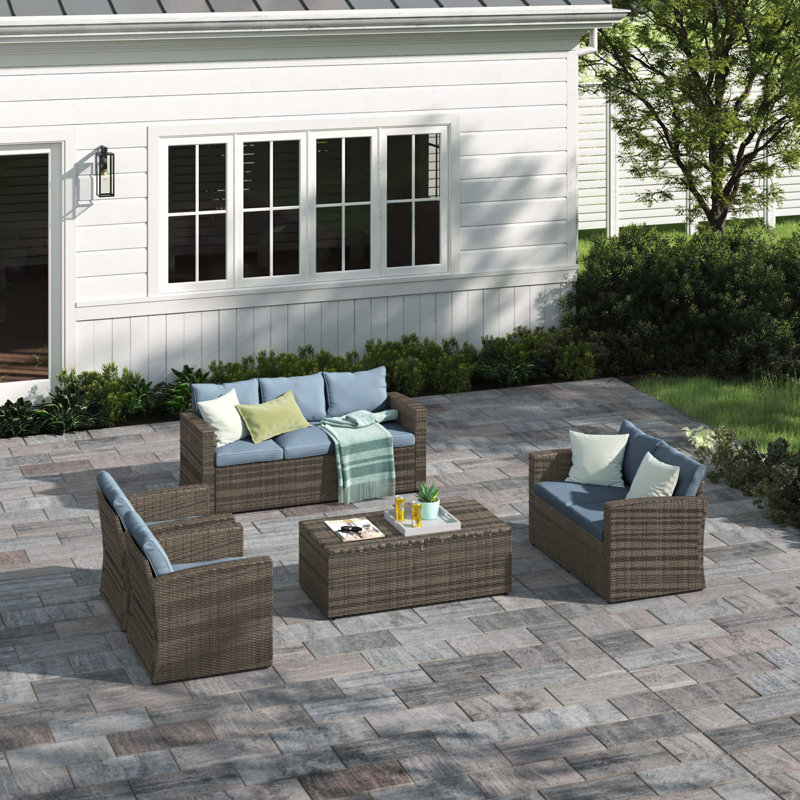 Arlington Outdoor Wicker 7 Person Seating Group with Cushions & Storage,  Gray Frame/Sky Blue Cushion