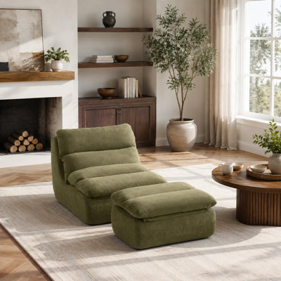 32" Tufted Cotton Bean Bag Chair with Ottoman – Green Lazy Sofa for Adults, Chaise Lounge for Living Room & Bedroom