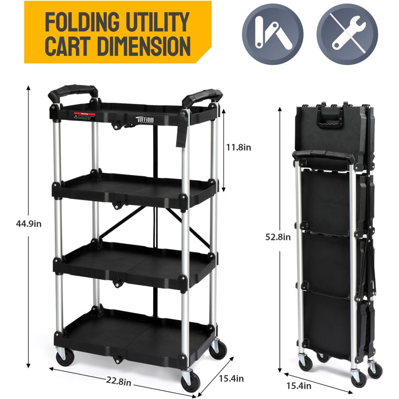 Foldable 4-Tier Plastic Utility Cart  In Black With Brake