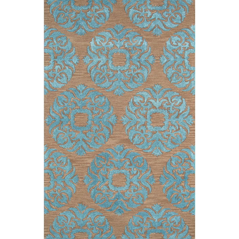 Tapis vert / brun en laine et coton noué à la main 5 pi x 8 pi Damask