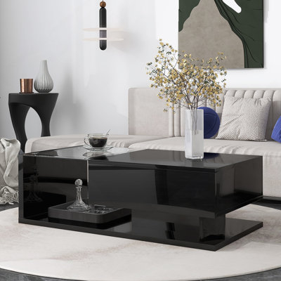 Table basse en verre trempé, table basse en bois avec surface UV ultrabrillante