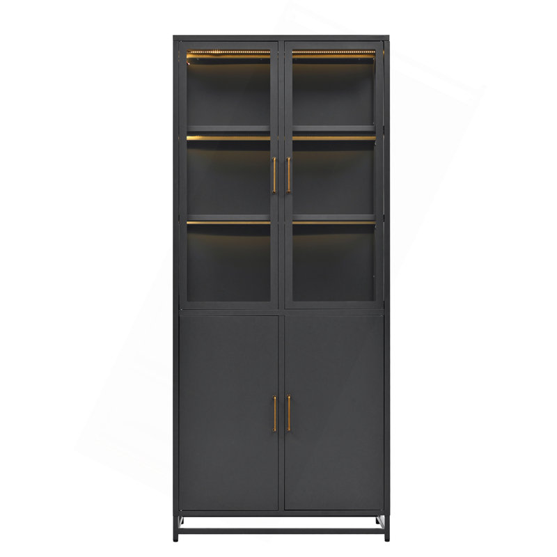 76.75'' Tall Display Cabinet With Double Glass Doors And LED Lights Steel Curio Cabinet For Collectibles Figures Trophies 3-Sided Glass Display Case For Home Office Study Stores Playroom