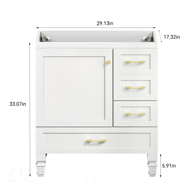 Meuble-lavabo 30 po. Armoire de rangement abondante - 1 porte à fermeture douce et 3 tiroirs, Blanc