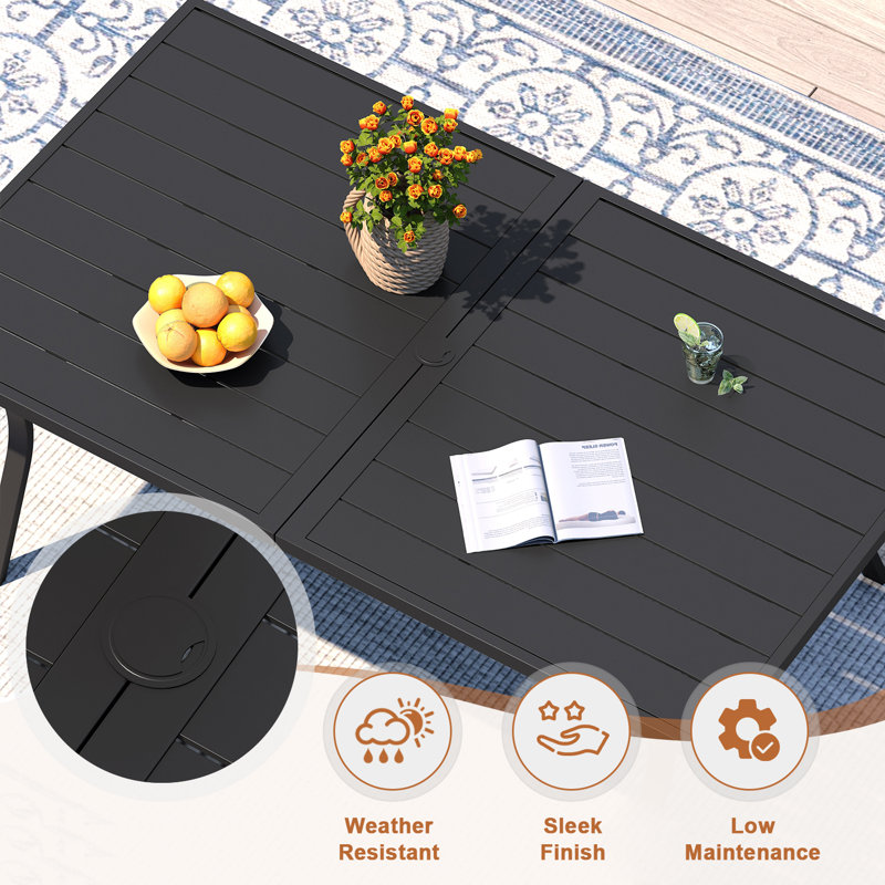 6-Person Patio Dining Set with 63" Metal Curved Dining Table and PVC-coated polyester Swivel Dining Chairs, Black